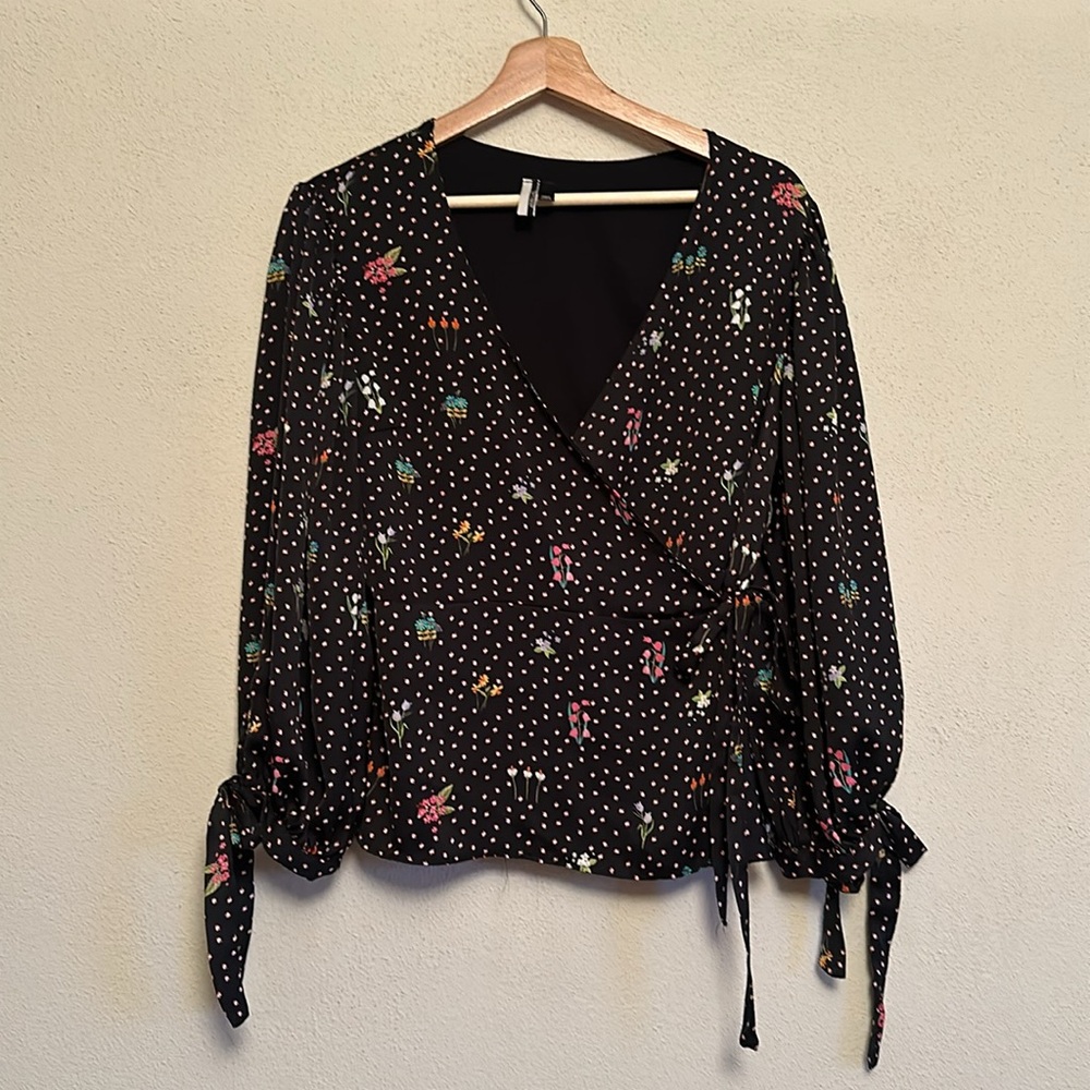 TopShop Floral Wrap Blouse with tie sleeves